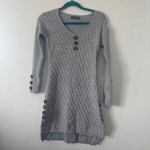 Women Gray Diagonal Rib‎ Knit Sweater Dress Button Accent Size Medium